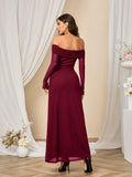 Colysmo Women Off Shoulder Mesh Bodycon Maxi Dress Burgundy Size XL by Deal US