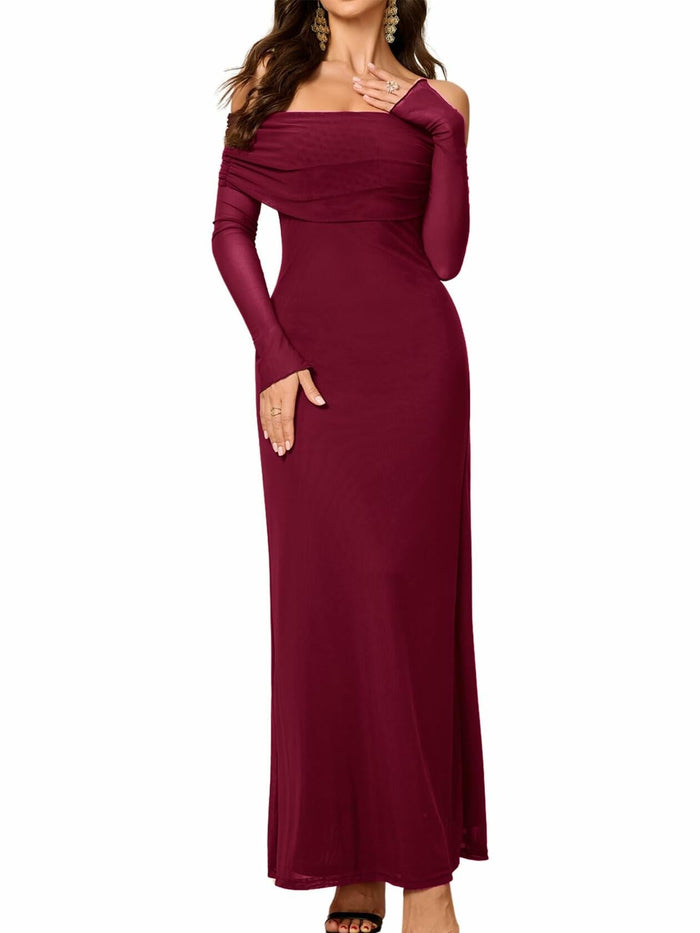 Colysmo Women Off Shoulder Mesh Bodycon Maxi Dress Burgundy Size XL by Deal US