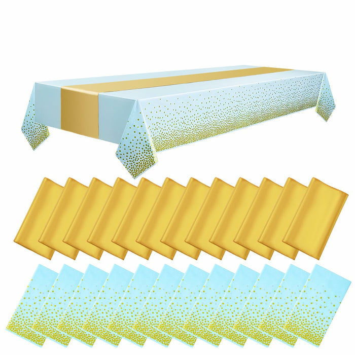 WDF 16Pack Blue Gold Plastic Tablecloths 54x108in & Runners 12x108in by Deal US