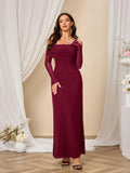 Colysmo Women Off Shoulder Mesh Bodycon Maxi Dress Burgundy Size XL by Deal US