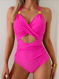 Women's Halter One Piece Swimsuit Cutout Tummy Control V Neck Hot Pink Size M by Deal US