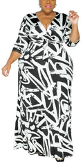 BFFBABY Sexy Wrap V Neck 3/4 Sleeve Chain Print Maxi Dress with Belt Size 5XL by Deal US