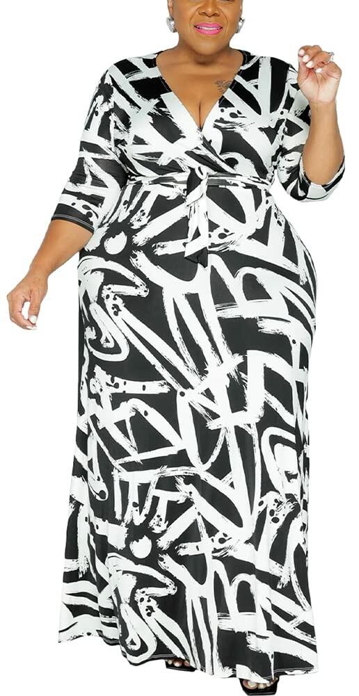 BFFBABY Sexy Wrap V Neck 3/4 Sleeve Chain Print Maxi Dress with Belt Size 5XL by Deal US
