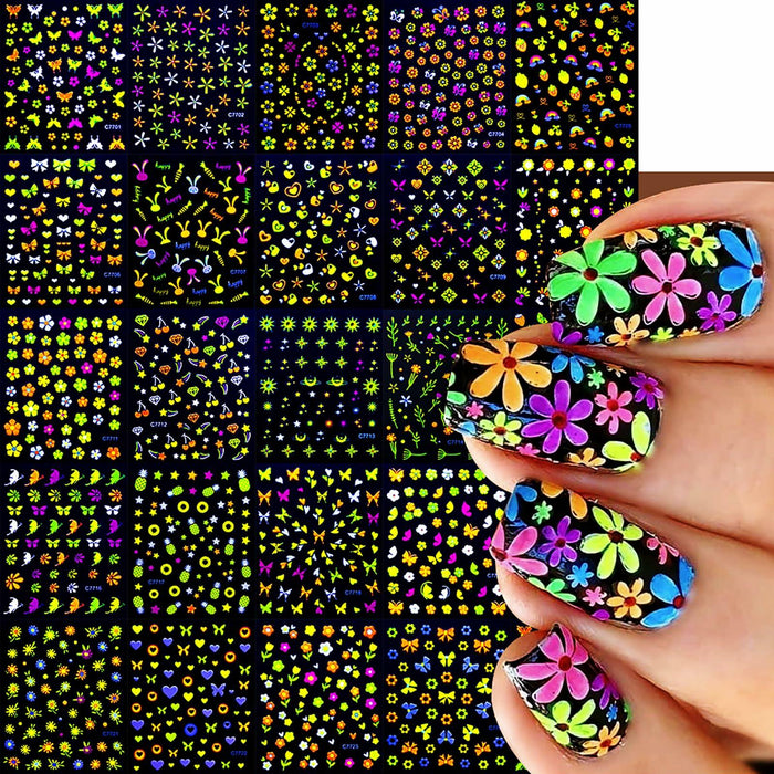 Fluorescent Nail Art Stickers 24 Sheets 3D Butterflies Stars Flowers DIY by Deal US