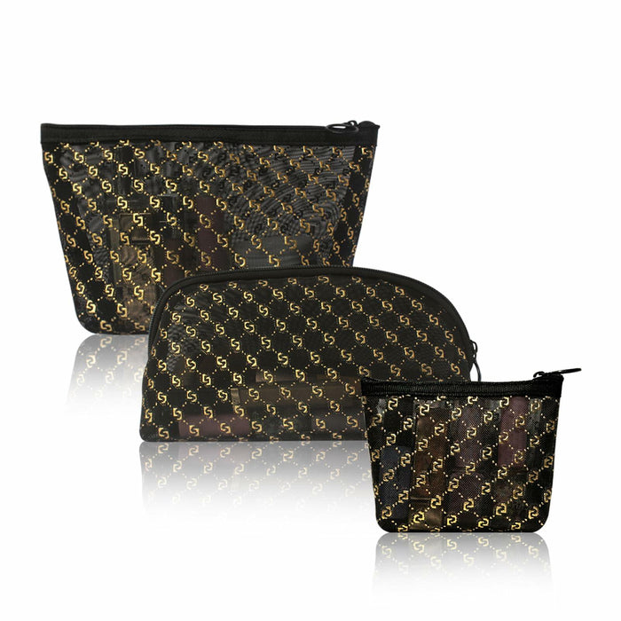 TRAKWAN 3-Piece Hot Stamping Mesh Makeup Bag Set Black by Deal US