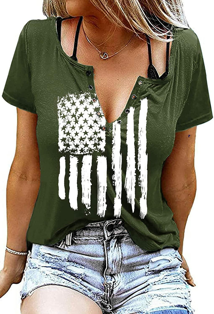Womens Patriotic V Neck T Shirt American Flag Graphic Green1 Size Medium by Deal US