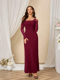 Colysmo Women Long Sleeve Mesh Off Shoulder Bodycon Maxi Dress Burgundy Size L by Deal US