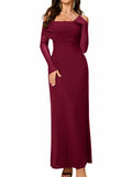 Colysmo Women Long Sleeve Mesh Off Shoulder Bodycon Maxi Dress Burgundy Size L by Deal US