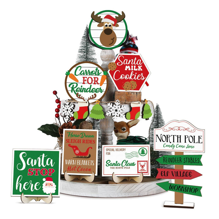 13 Pc Winter Tiered Tray Decor Elk Sled Tree Snowflake Wood Blocks by Deal US