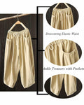 Minibee Womens Wide Leg Capri Pants Drawstring Waist Pockets Beige Size L by Deal US