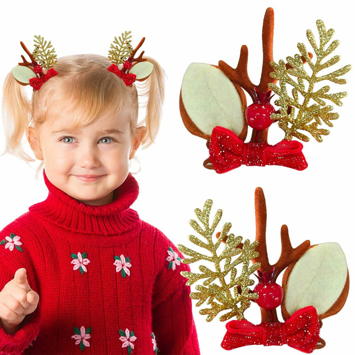 Christmas Bow Hair Clips Red Gold Reindeer Antler 2PCS Holiday Accessories by Deal US