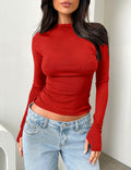 cailami Women's Long Sleeve Mock Neck Ribbed Slim Fit Top Red Size S by Deal US
