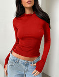 cailami Women's Long Sleeve Mock Neck Ribbed Slim Fit Top Red Size S by Deal US