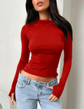 cailami Women's Long Sleeve Mock Neck Ribbed Slim Fit Top Red Size S by Deal US