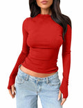 cailami Women's Long Sleeve Mock Neck Ribbed Slim Fit Top Red Size S by Deal US