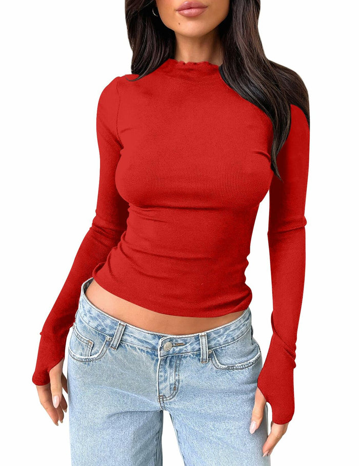 cailami Women's Long Sleeve Mock Neck Ribbed Slim Fit Top Red Size S by Deal US