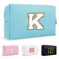 Personalized Chenille Letter K Makeup Bag Small Blue Waterproof PU Leather by Deal US