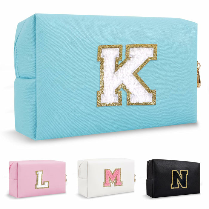 Personalized Chenille Letter K Makeup Bag Small Blue Waterproof PU Leather by Deal US