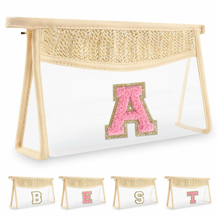 Personalized Initial Small Boho Straw Clear Makeup Bag Waterproof PVC Travel by Deal US