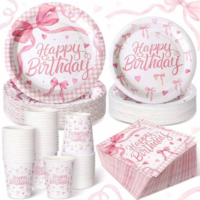 Coquette Pink Bow Birthday Party Supplies 216 Pcs Plates Napkins Set by Deal US