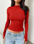 cailami Women's Long Sleeve Mock Neck Ribbed Slim Fit Top Red Size S by Deal US