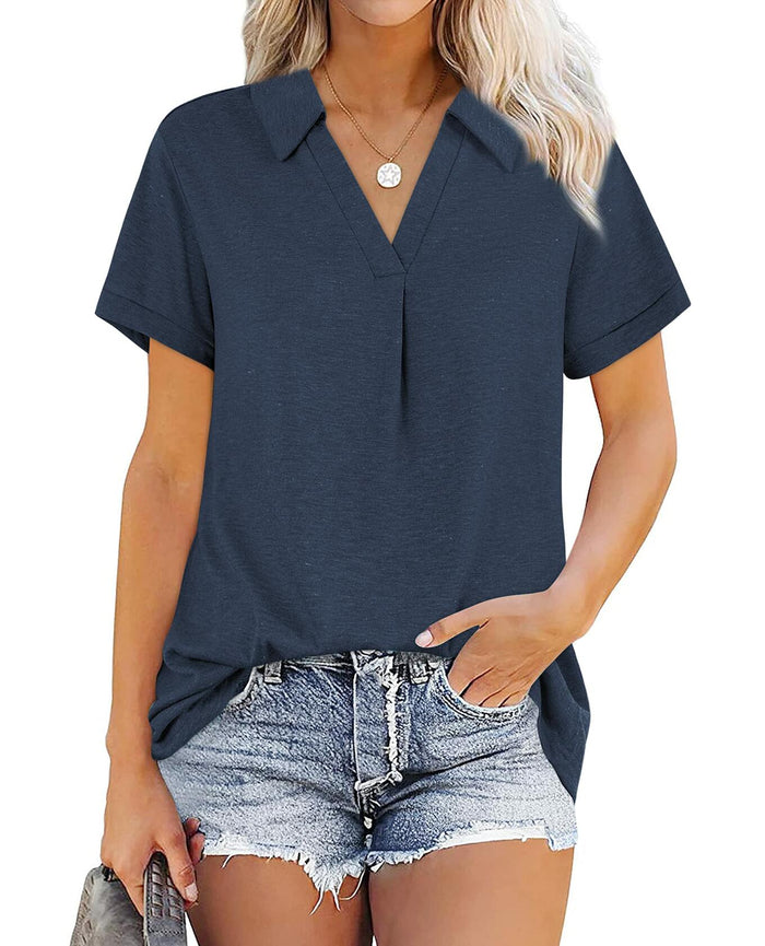 Women's Collared V Neck Polo T Shirt Plus Size Loose Fit Deep Blue Size S by Deal US