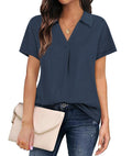 Women's Collared V Neck Polo T Shirt Plus Size Loose Fit Deep Blue Size S by Deal US