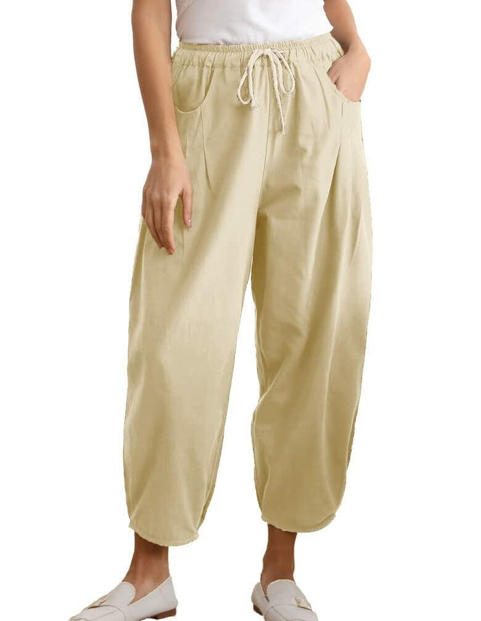 Minibee Womens Wide Leg Capri Pants Drawstring Waist Pockets Beige Size L by Deal US