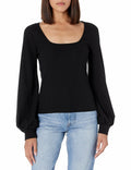 The Drop Women's @lucyswhims Square-Neck Balloon-Sleeve Top Black Size L by Deal US