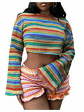 RoseSeek Women's Striped Crop Top Long Sleeve Knit Tee Multicolor Size S by Deal US