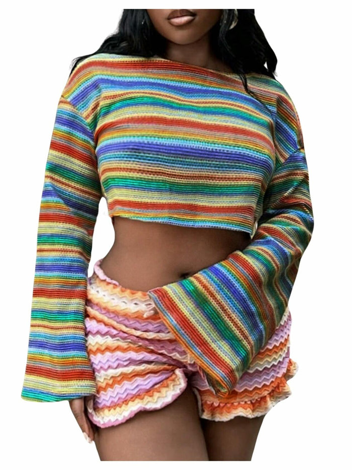 RoseSeek Women's Striped Crop Top Long Sleeve Knit Tee Multicolor Size S by Deal US