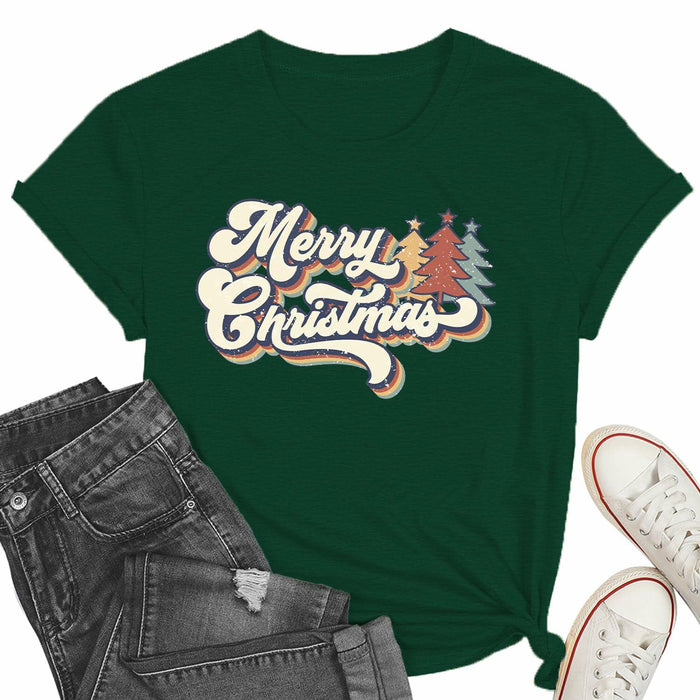 Vintage Merry Christmas Shirt Women Holiday Xmas Tee Tops Green Size S by Deal US