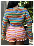 RoseSeek Women's Striped Crop Top Long Sleeve Knit Tee Multicolor Size S by Deal US
