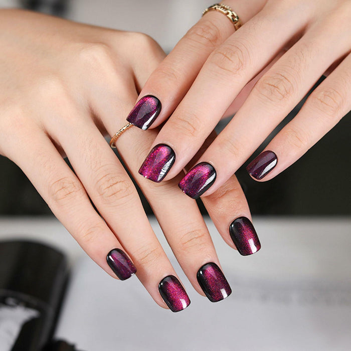 Purple Press On Nails Short Square Acrylic Cat Eye Color Changing 24 Pcs by Deal US