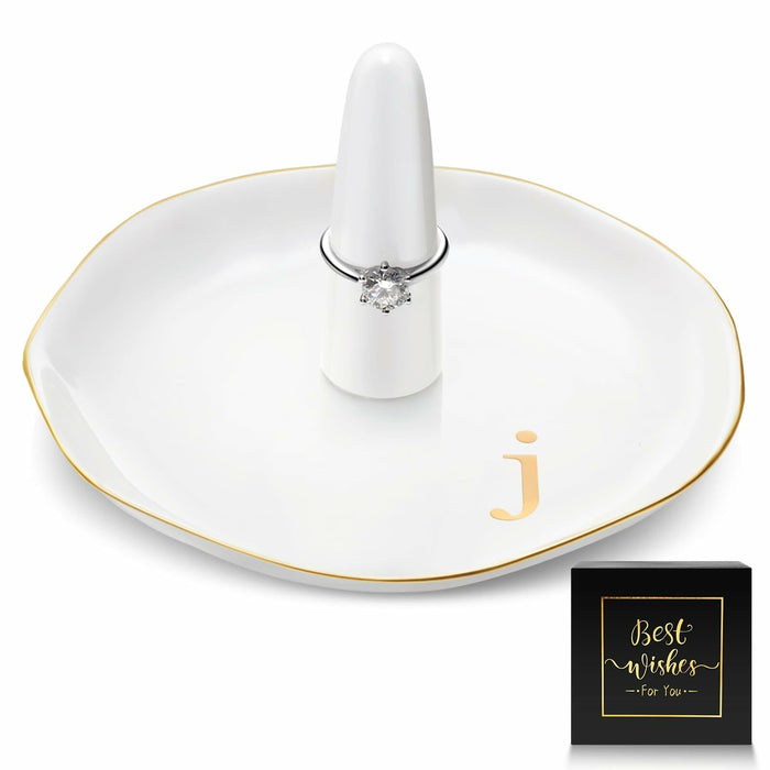 Beeveer Ceramic A-Z Ring Holder Jewelry Tray 4.5x2.4in White Trinket Dish by Deal US