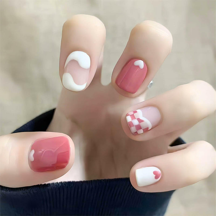 Vokupoga Square Press On Nails White Pink Acrylic 24Pcs Reusable by Deal US