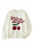 BEAUDRM Girl's Cherry Knit Sweater Long Sleeve Crewneck Apricot Size 11Y by Deal US
