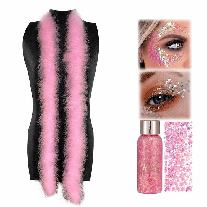 Fluffy Feather Boas with Body Face Glitter Gel Pink Party Favors Decor by Deal US