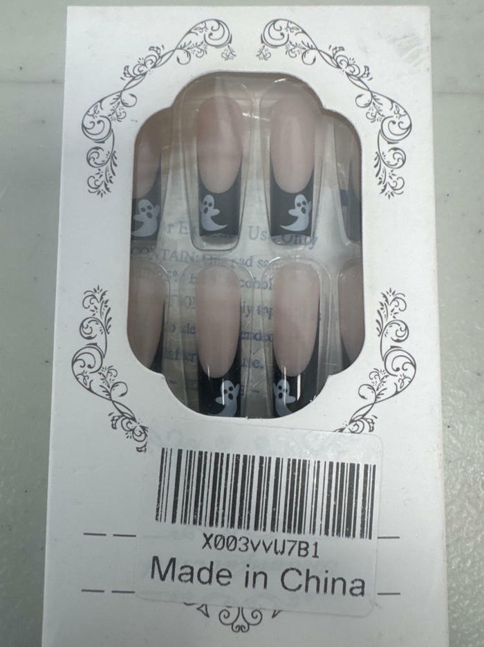 RIICFDD Halloween Fake Nails 24 Pcs Coffin Pink French Tip Ghost Designs by Deal US