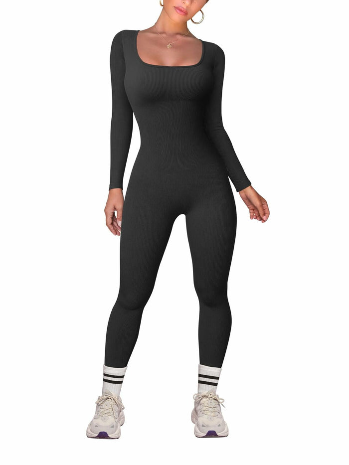 TOB Women Yoga Jumpsuit Ribbed Long Sleeve Square Neck Black Size L by Deal US