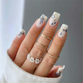 RUOKEXIN Acrylic Coffin Nails 24Pcs Red Blue Flower Gold Rhinestones Glossy by Deal US