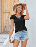 Womens Ruffle Sleeve V Neck Fitted Blouse Top Black Size 2XL by Deal US