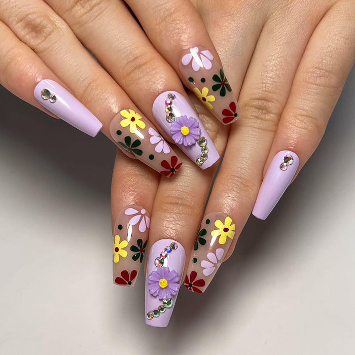 LPOODDNU Press On Nails Medium Coffin Glossy Purple 24Pcs Spring Daisy by Deal US