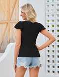 Womens Ruffle Sleeve V Neck Fitted Blouse Top Black Size 2XL by Deal US