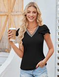 Womens Ruffle Sleeve V Neck Fitted Blouse Top Black Size 2XL by Deal US