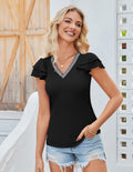 Womens Ruffle Sleeve V Neck Fitted Blouse Top Black Size 2XL by Deal US