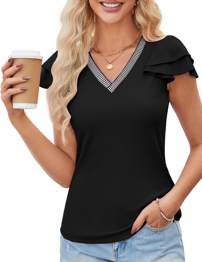 Womens Ruffle Sleeve V Neck Fitted Blouse Top Black Size 2XL by Deal US