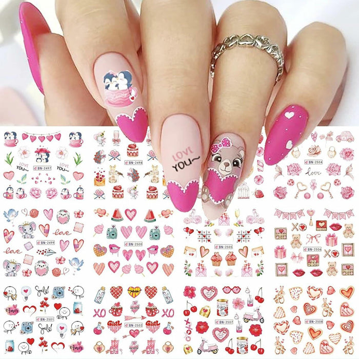 Valentines Day Nail Stickers 12 Sheets Heart Lip Flower Nail Art Pink by Deal US