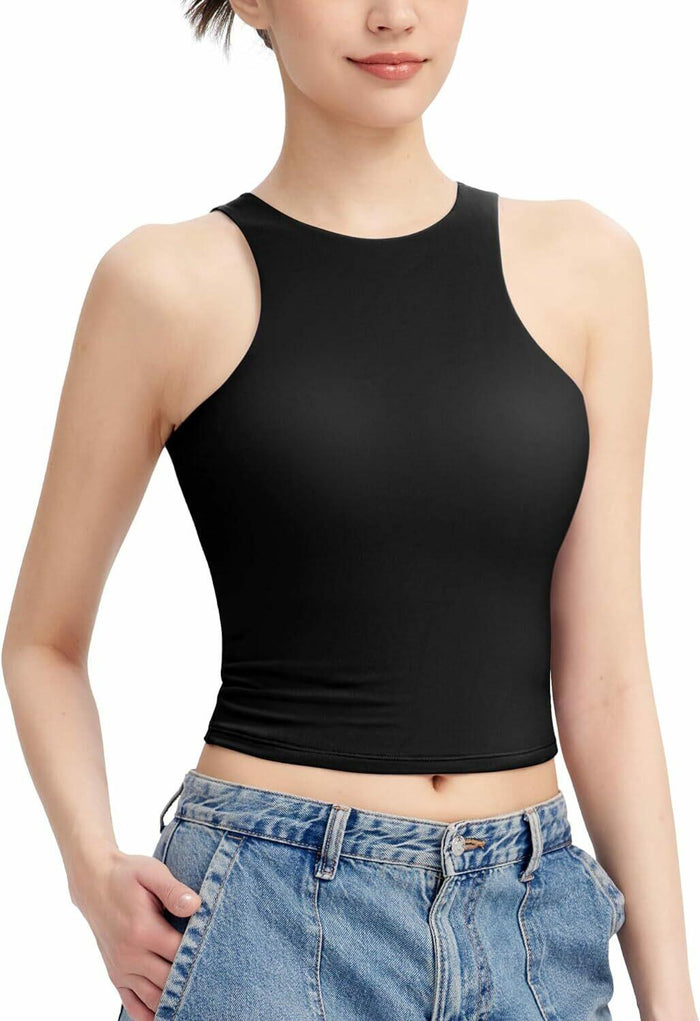 HOCILLE Women's Sexy Racerback Ribbed Crop Tank Top Black Size XS by Deal US