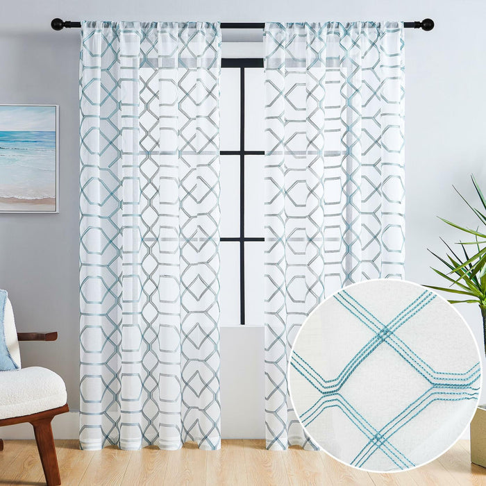 WANSOUL Blue Pattern Sheer Curtains 2 Panels 84in Teal Blue Moroccan Design by Deal US